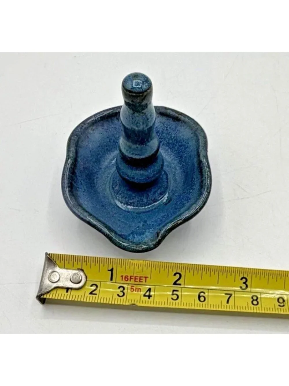 Vintage Studio Pottery Ring Holder Dish Blue Gray Glazed Ruffled Edge Signed